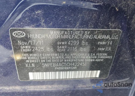 2012 Hyundai Sonata Gls from USA, damaged, VIN 5NPEB4AC5CH422451